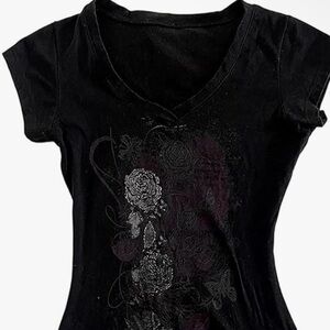 Black Grunge Floral V-Neck Women's Top